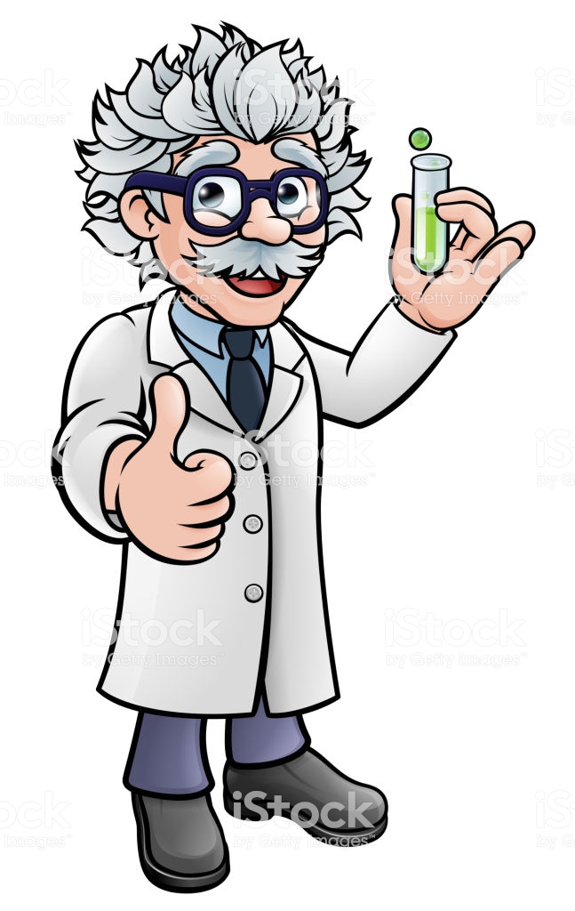 A cartoon scientist professor wearing lab white coat holding a test tube and giving a thumbs up