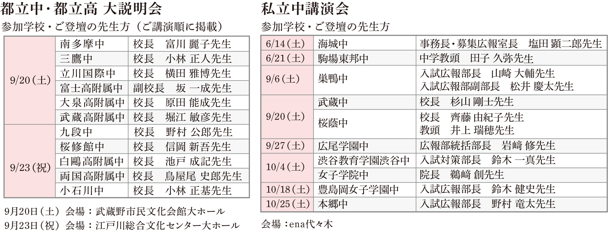 都立中講演会・私立中講演会開催スケジュール